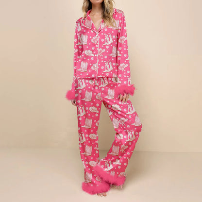 Sleepwear - Fur Trim Holiday PJs - Soft Satin 2-Piece Lounge Set