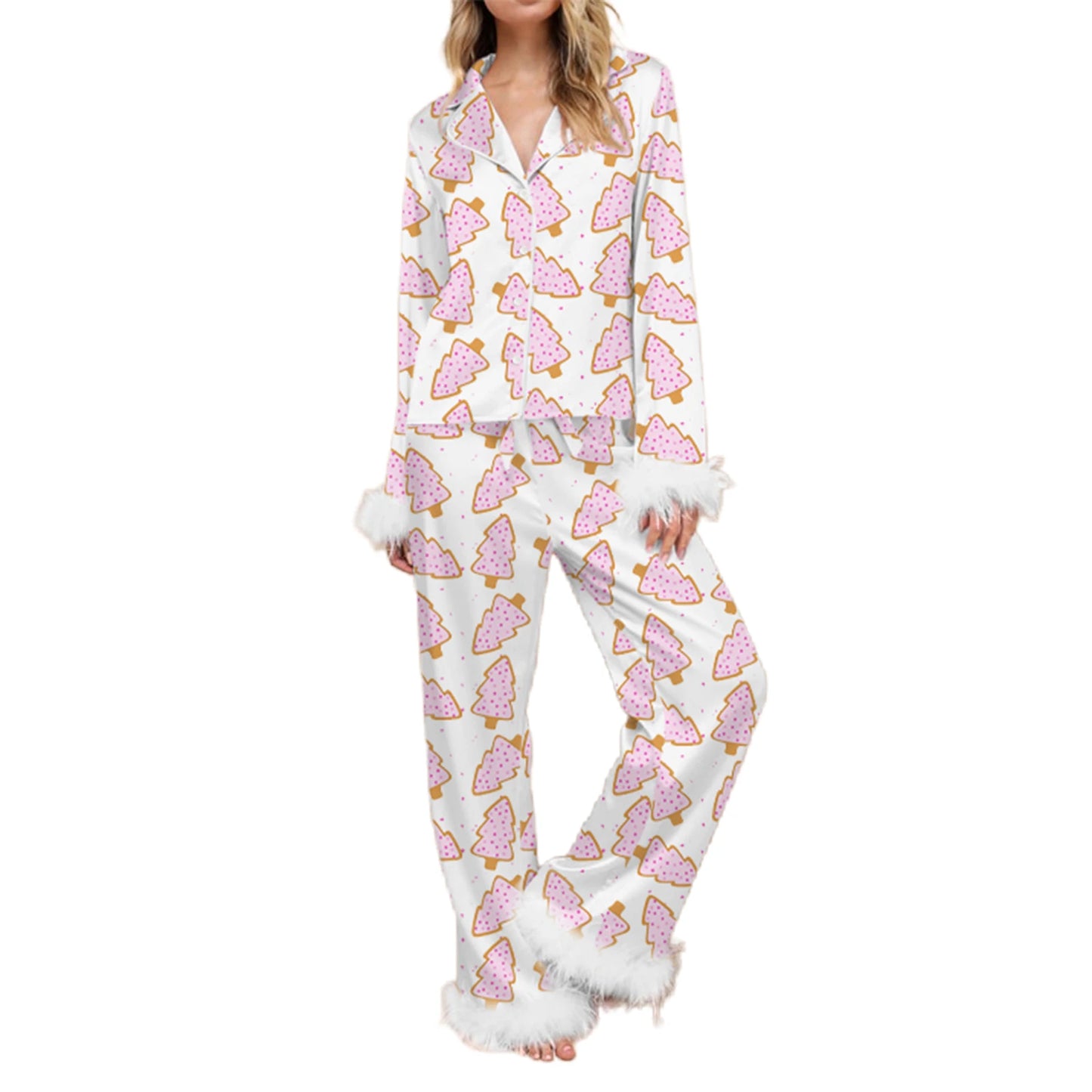 Sleepwear - Fur Trim Holiday PJs - Soft Satin 2-Piece Lounge Set