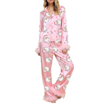 Sleepwear - Fur Trim Holiday PJs - Soft Satin 2-Piece Lounge Set