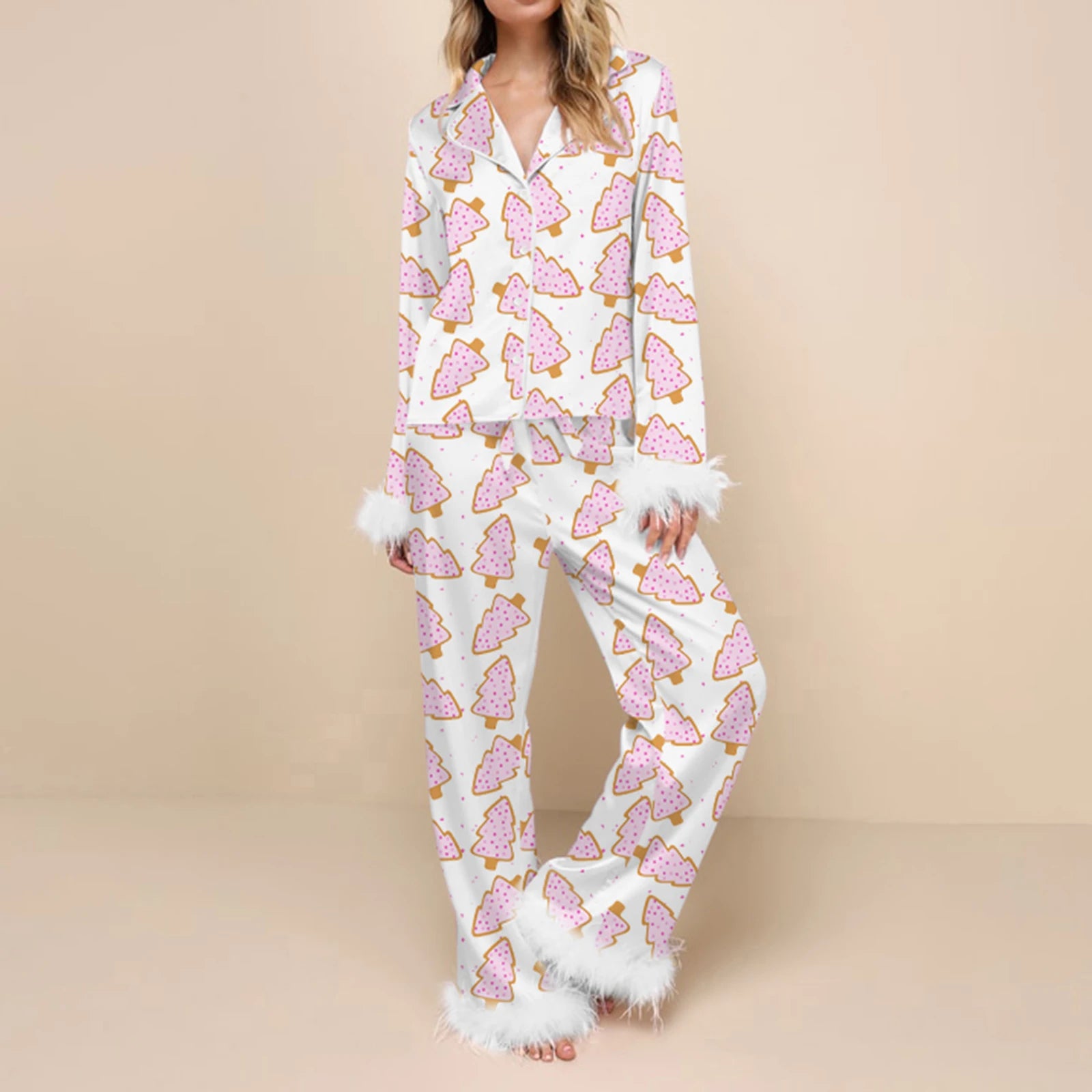 Sleepwear - Fur Trim Holiday PJs - Soft Satin 2-Piece Lounge Set