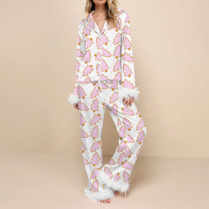 Sleepwear - Fur Trim Holiday PJs - Soft Satin 2-Piece Lounge Set