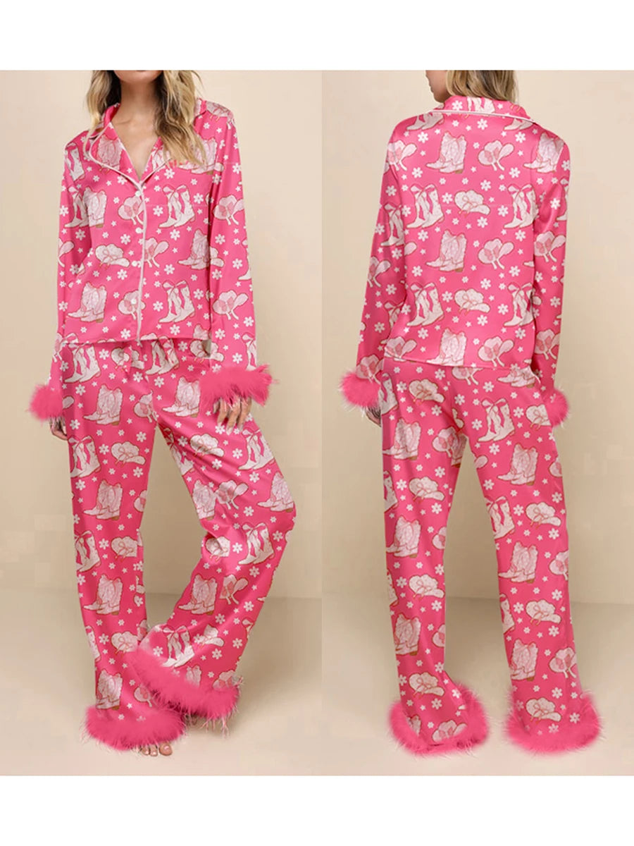 Sleepwear - Fur Trim Holiday PJs - Soft Satin 2-Piece Lounge Set