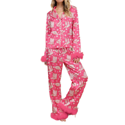 Sleepwear - Fur Trim Holiday PJs - Soft Satin 2-Piece Lounge Set