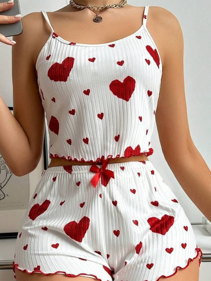 Sleepwear- Heart Print Crop Top & Shorts Set - From Daywear to Nightwear