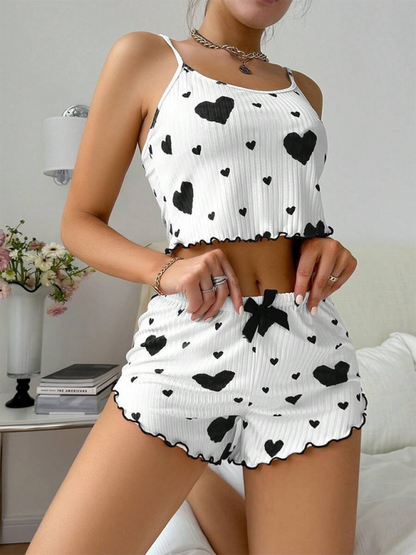 Sleepwear- Heart Print Crop Top & Shorts Set - From Daywear to Nightwear