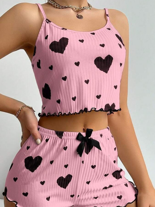 Sleepwear- Heart Print Crop Top & Shorts Set - From Daywear to Nightwear