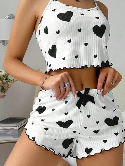 Sleepwear- Heart Print Crop Top & Shorts Set - From Daywear to Nightwear