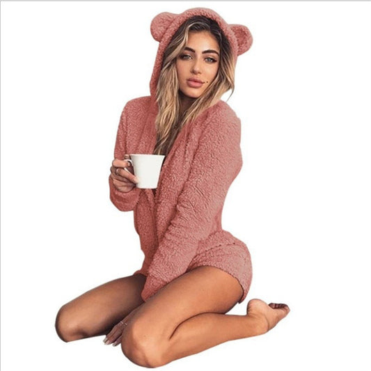 Sleepwear & Loungewear - Plush Youthful Teddy Bear Hooded Romper - Loungewear