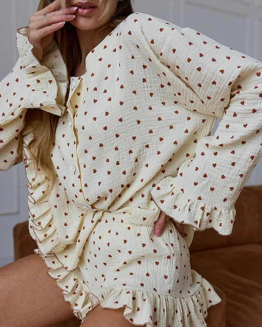 Sleepwear - Ruffle Trimmed Cotton PJs for Relaxing