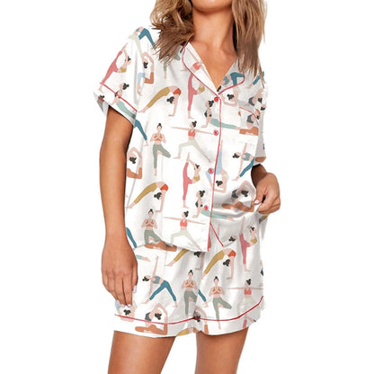 Sleepwear- Satin Nightwear Women's Clothing Print Pajama Matching Set with Shorts & Shirts- Ivory- Pekosa Women Fashion