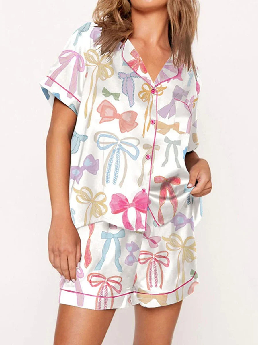 Sleepwear- Satin Nightwear Women's Clothing Print Pajama Matching Set with Shorts & Shirts- - Pekosa Women Fashion