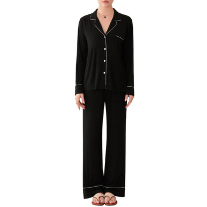 Sleepwear - Women Fall Pajama Set Solid Color Long Sleeve Lapel Button Up Shirt Tops Drawstring Pants 2 Pieces Sleepwear Sets