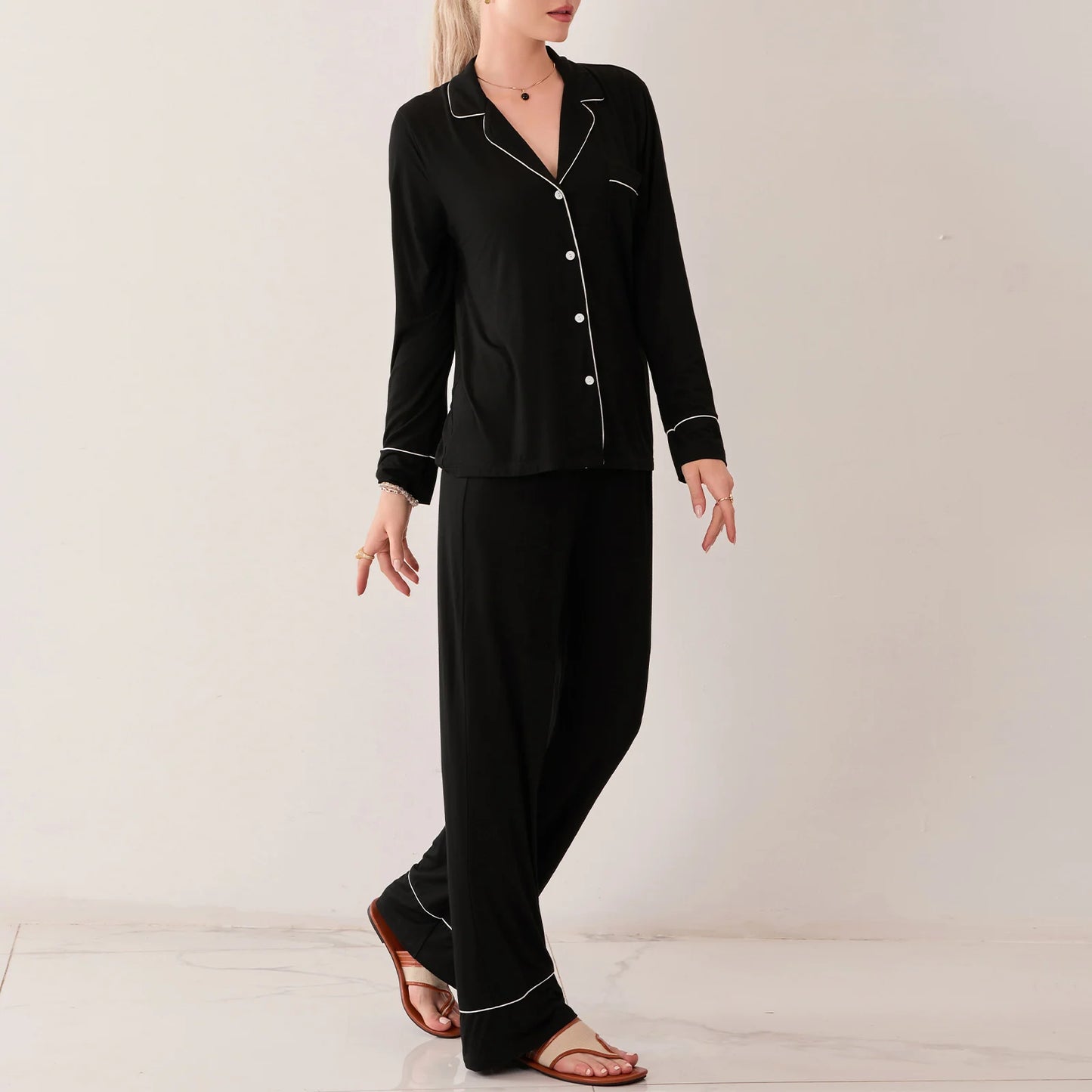 Sleepwear - Women Fall Pajama Set Solid Color Long Sleeve Lapel Button Up Shirt Tops Drawstring Pants 2 Pieces Sleepwear Sets