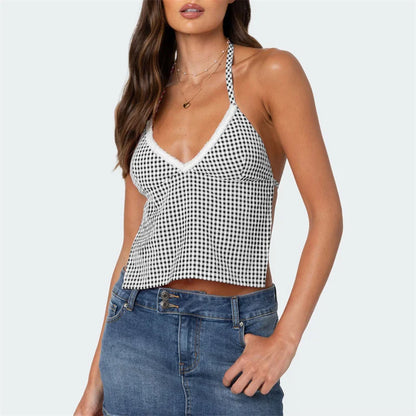 Sleeveless Blouses - Gingham Halter Backless Top for Summer