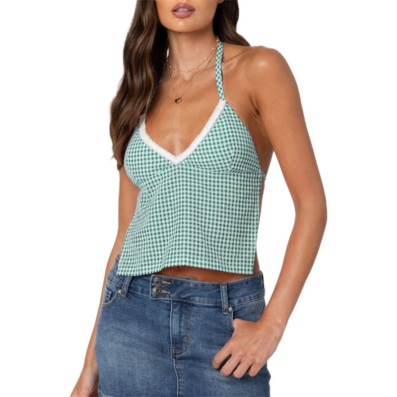 Sleeveless Blouses - Gingham Halter Backless Top for Summer