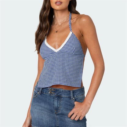 Sleeveless Blouses - Gingham Halter Backless Top for Summer