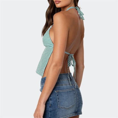 Sleeveless Blouses - Gingham Halter Backless Top for Summer