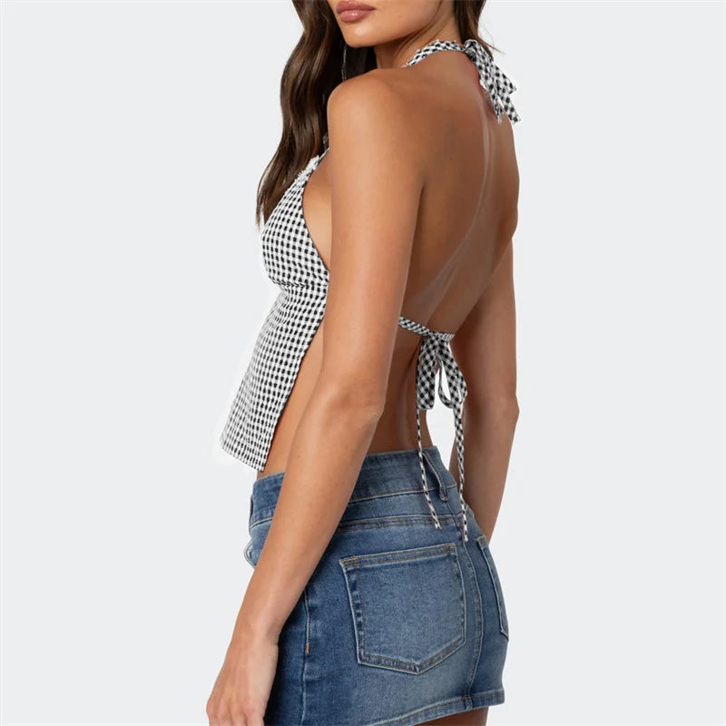 Sleeveless Blouses - Gingham Halter Backless Top for Summer