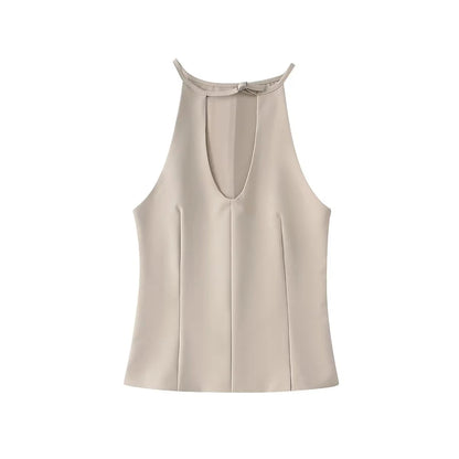 Sleeveless Blouses - Neutral Tone Blouse Belted Sleeveless Top