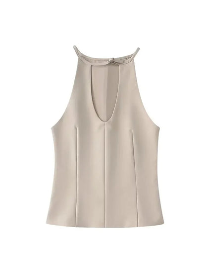 Sleeveless Blouses - Neutral Tone Blouse Belted Sleeveless Top