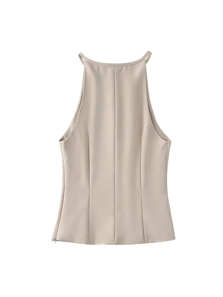 Sleeveless Blouses - Neutral Tone Blouse Belted Sleeveless Top