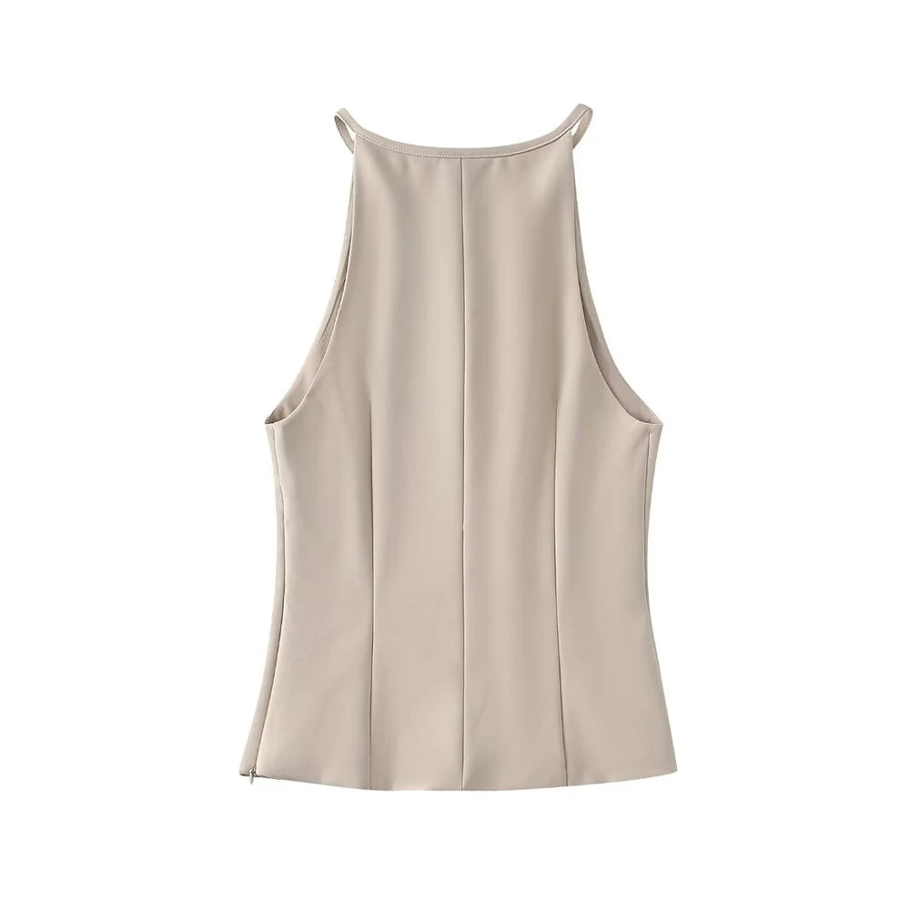 Sleeveless Blouses - Neutral Tone Blouse Belted Sleeveless Top