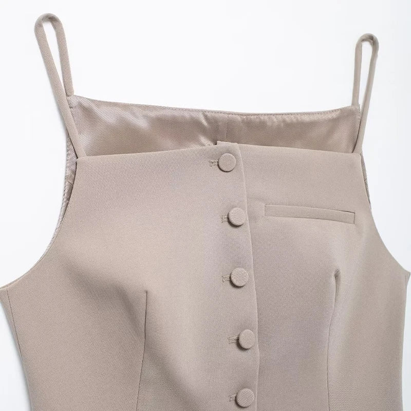 Sleeveless Blouses - Structured Beige Top Sleeveless Blouse for Networking Events