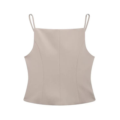 Sleeveless Blouses - Structured Beige Top Sleeveless Blouse for Networking Events