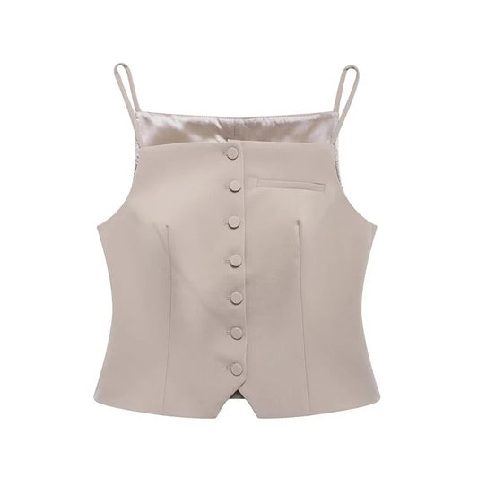 Sleeveless Blouses - Structured Beige Top Sleeveless Blouse for Networking Events