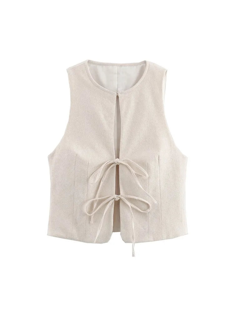 Sleeveless Blouses - Textured Tie-Up Summer Top Ribbon Front Blouse