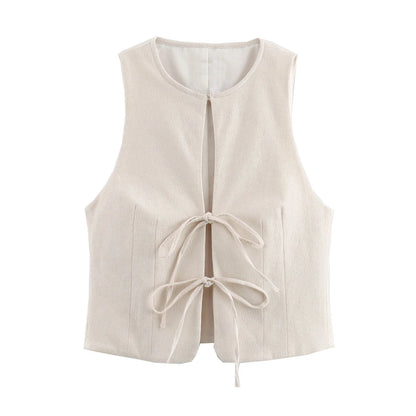 Sleeveless Blouses - Textured Tie-Up Summer Top Ribbon Front Blouse