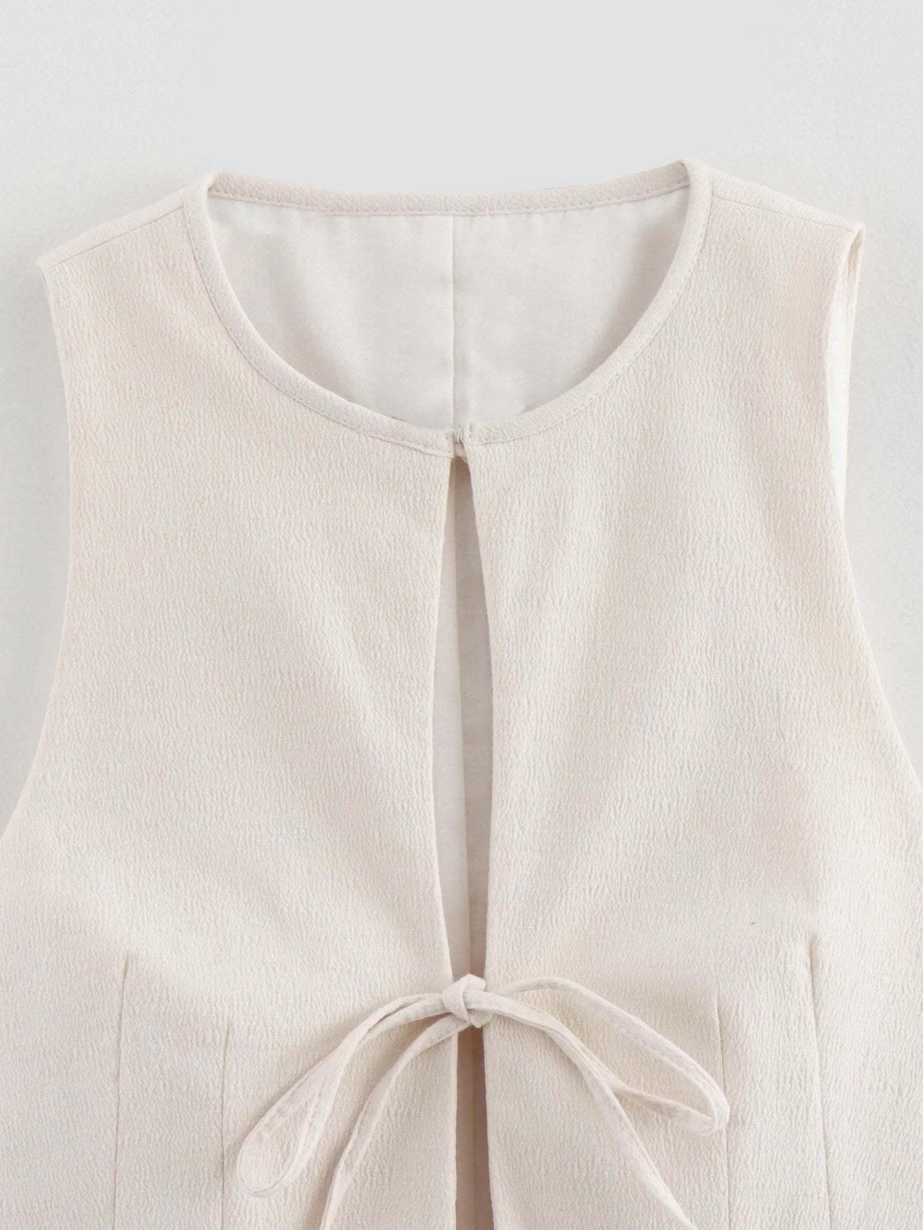 Sleeveless Blouses - Textured Tie-Up Summer Top Ribbon Front Blouse