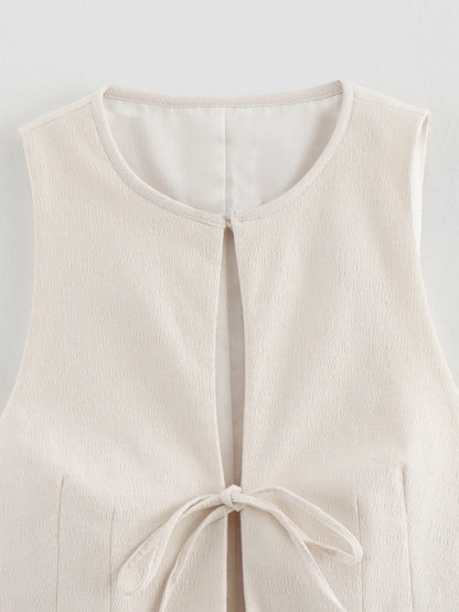 Sleeveless Blouses - Textured Tie-Up Summer Top Ribbon Front Blouse