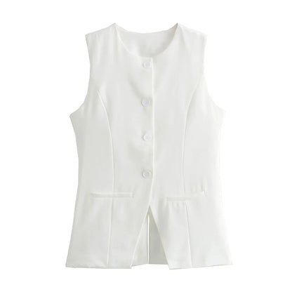 Sleeveless Blouses - Workwear Sleeveless Blouse Office-Ready Buttoned Top Vest