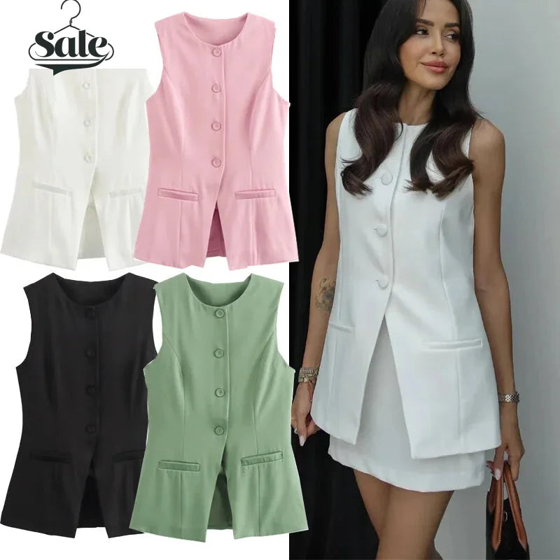 Sleeveless Blouses - Workwear Sleeveless Blouse Office-Ready Buttoned Top Vest