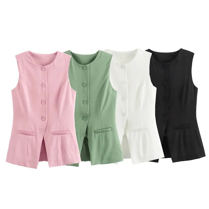 Sleeveless Blouses - Workwear Sleeveless Blouse Office-Ready Buttoned Top Vest