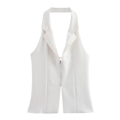 Sleeveless Blouses - Zip-Up Blouse Notch Backless Sleeveless Top