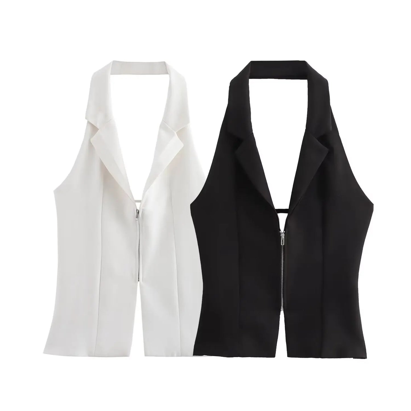 Sleeveless Blouses - Zip-Up Blouse Notch Backless Sleeveless Top