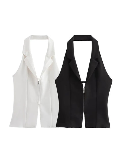 Sleeveless Blouses - Zip-Up Blouse Notch Backless Sleeveless Top