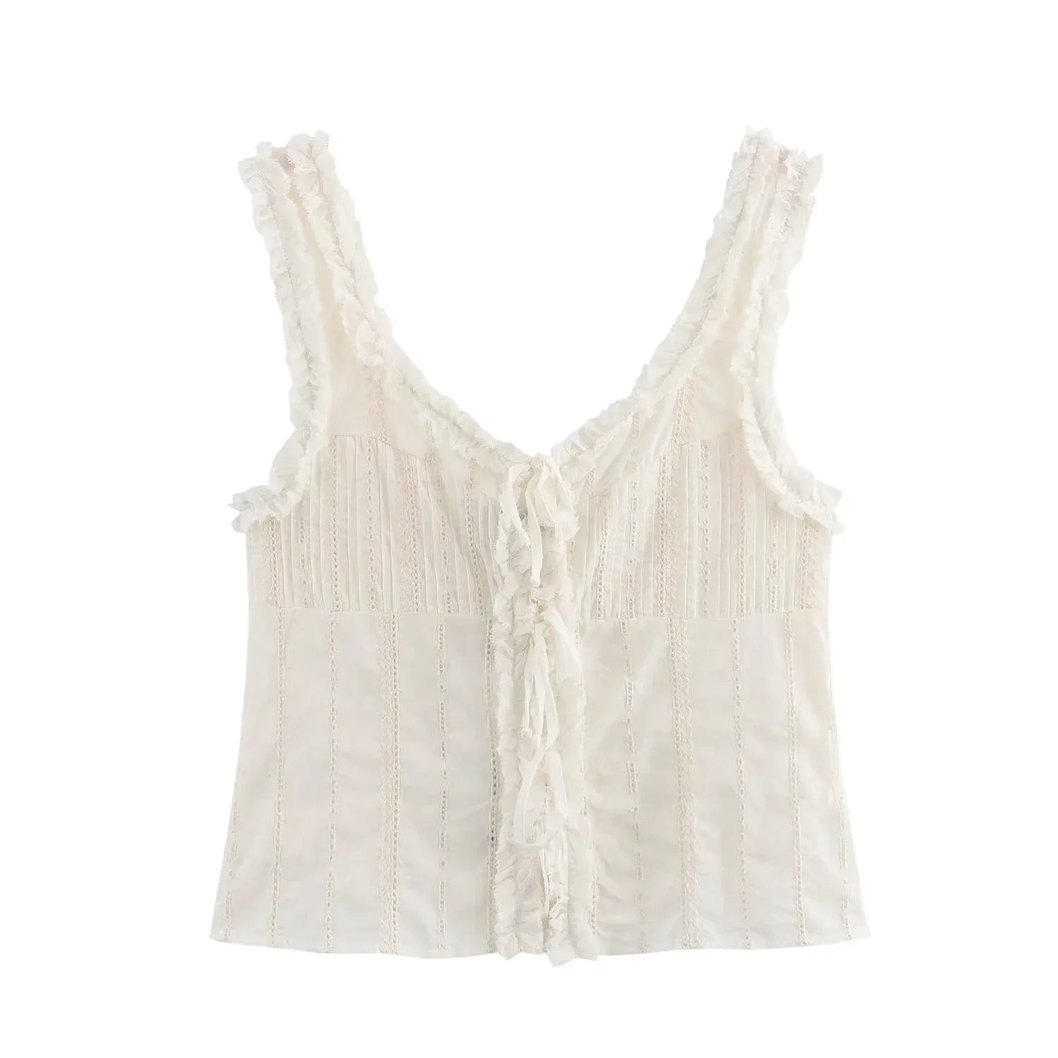 Sleeveless Tops- Fringed V-Neck Crop Top with Lace Insets- Ivory- Chuzko Women Clothing