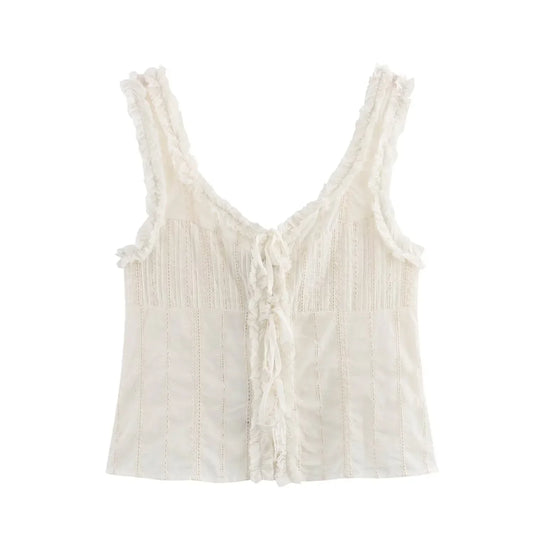 Sleeveless Tops- Fringed V-Neck Crop Top with Lace Insets- Ivory- Chuzko Women Clothing