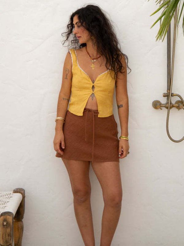 Sleeveless Tops- Linen Textured Top - Women's Cutout Vest with Lace Hem- Yellow- Chuzko Women Clothing