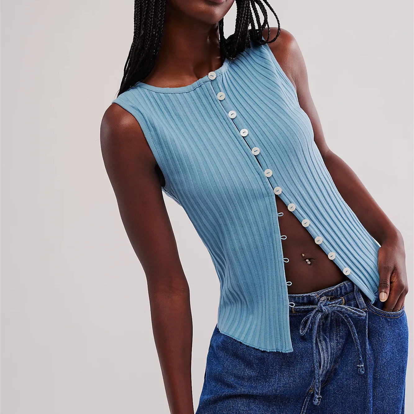 Sleeveless Tops - Ribbed Buttoned Sleeveless Top for Casual Events