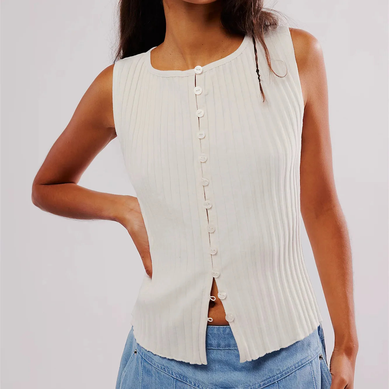 Sleeveless Tops - Ribbed Buttoned Sleeveless Top for Casual Events