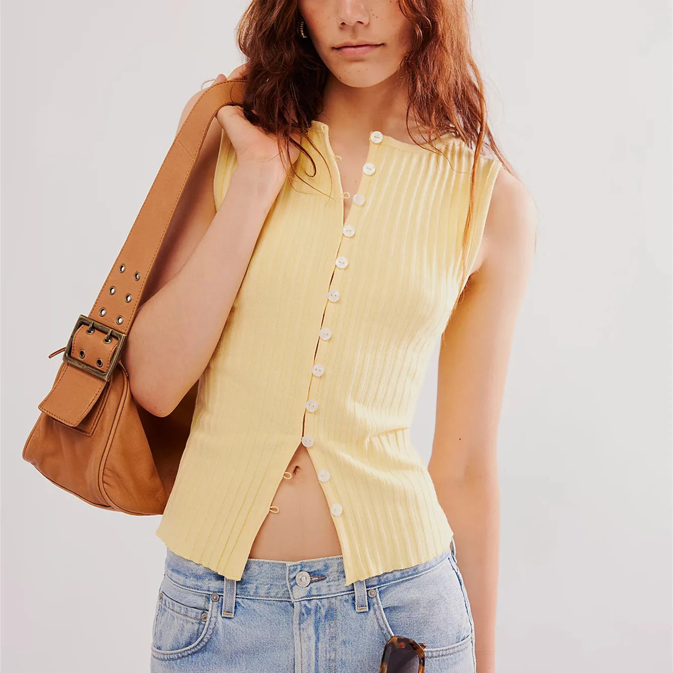 Sleeveless Tops - Ribbed Buttoned Sleeveless Top for Casual Events