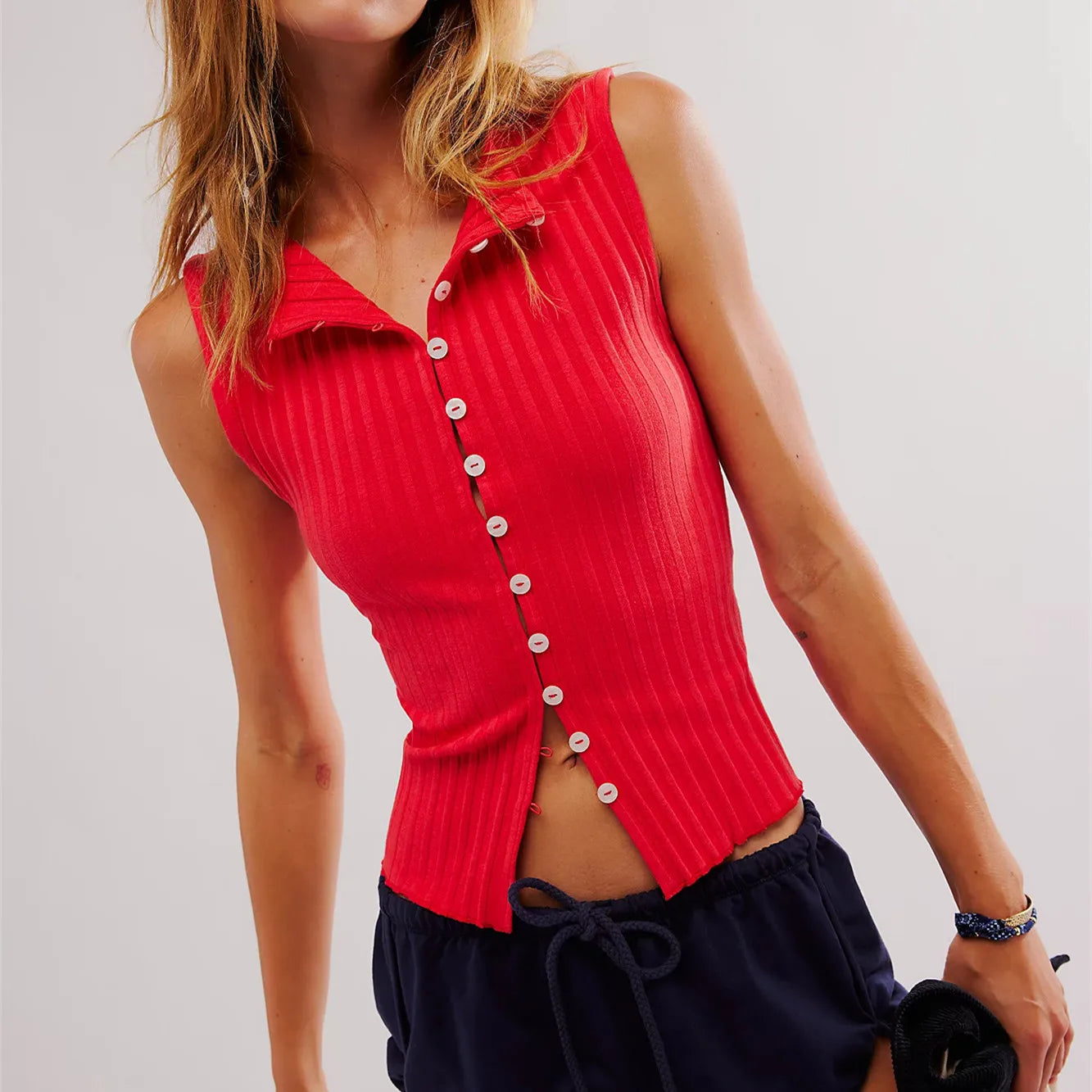 Sleeveless Tops - Ribbed Buttoned Sleeveless Top for Casual Events