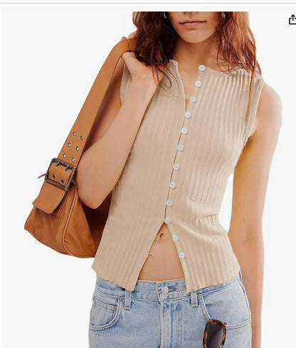 Sleeveless Tops - Ribbed Buttoned Sleeveless Top for Casual Events