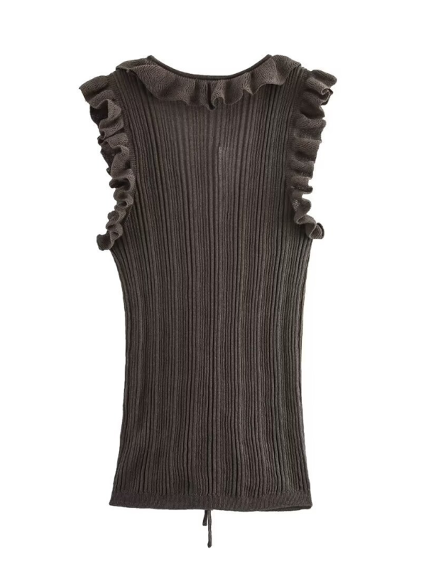 Sleeveless Tops- Ruffle V-Neck Sleeveless Top- - Pekosa Women Fashion