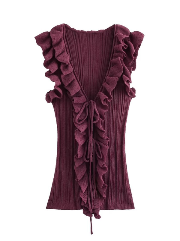 Sleeveless Tops- Ruffle V-Neck Sleeveless Top- Purplish red- Pekosa Women Fashion