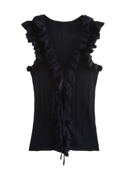 Sleeveless Tops- Ruffle V-Neck Sleeveless Top- Black- Pekosa Women Fashion